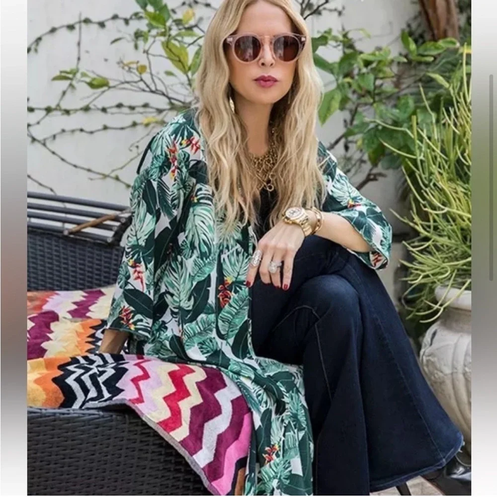 RACHAEL ZOE Resort Beach Palm Print 3/4 SLV Tassel Cover-Up Duster Kimono SZ O/S